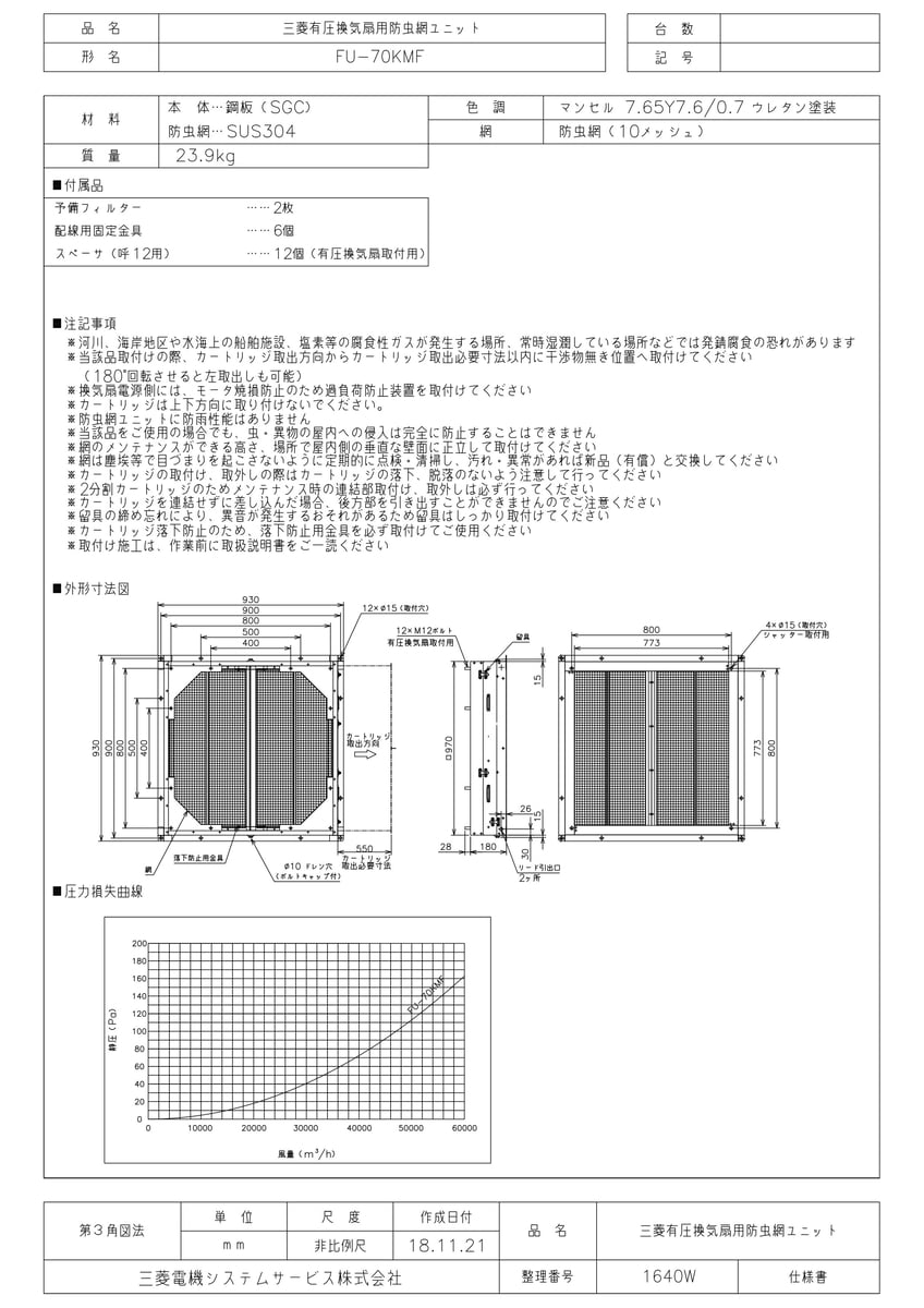 【FU-70KMF】 《TKF》 三菱電機 鋼板製防虫網ユニット ωτ0