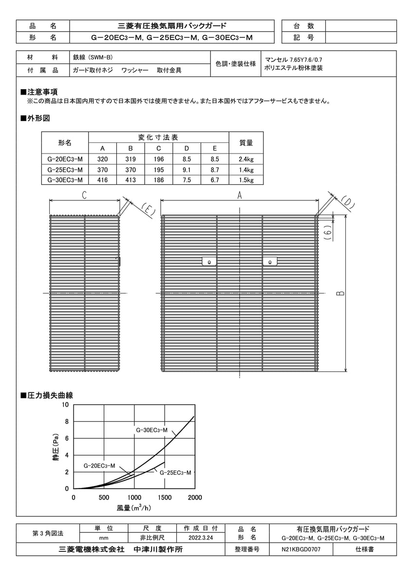 【G-30EC3-M】 《TKF》 三菱電機 バックガード 低所取付用 鉄線製 ωτ0