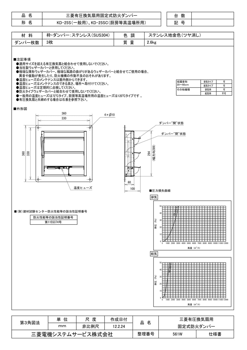 【KD-25S】 《TKF》 三菱電機 ステンレス製固定式防火ダンパー ωτ0