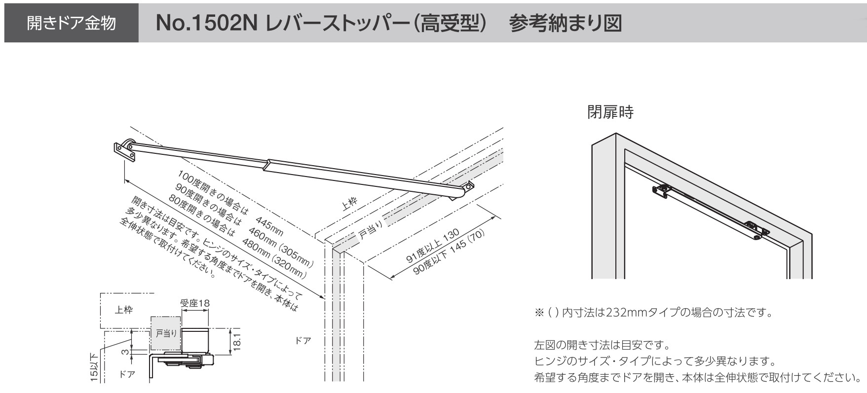 ベスト/BEST No.1502N HL(ヘアライン) 312mm 受座18mmタイプ レバーストッパー 高受型 アームストッパー ストッパー 3