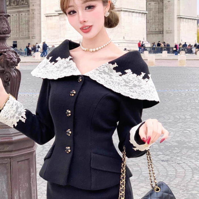 Skirt Suits - 上品 黒 ブラック スーツ スカート ミモレ タイト ハイウエスト ジャケット 長袖 ツイード 襟 レース オフショルダー レディース