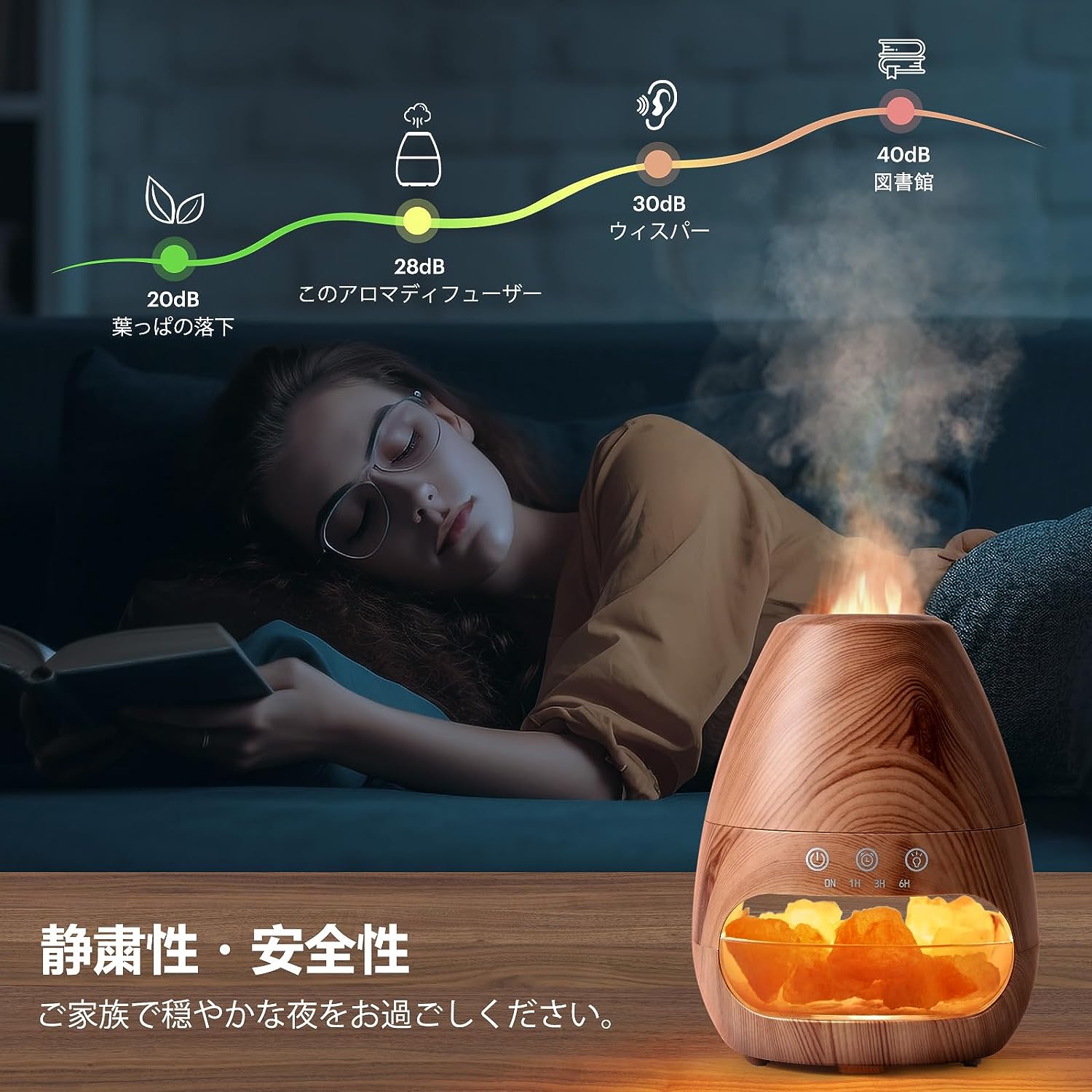 TKMjapan本店の卓上加湿器 木目調 アロマランプ アロマディフューザー 加湿器 超音波式 アロマ対応 小型 おしゃれ LEDライト付き 卓上 コンパクトサイズ 大容量 天然岩塩内蔵 省エネ 静音 床置き オシャレ部屋 寝室 一人暮らし 新生活 2025新型｜アングル3