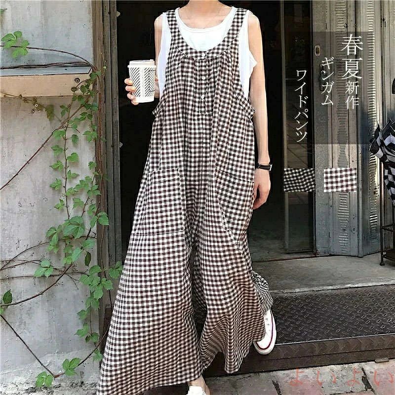 Rakuten - オールインワン パンツ 体型カバー 春 美脚 レディース ゆったり ガウチョパンツ ロングパンツ ワイドパンツ チェック