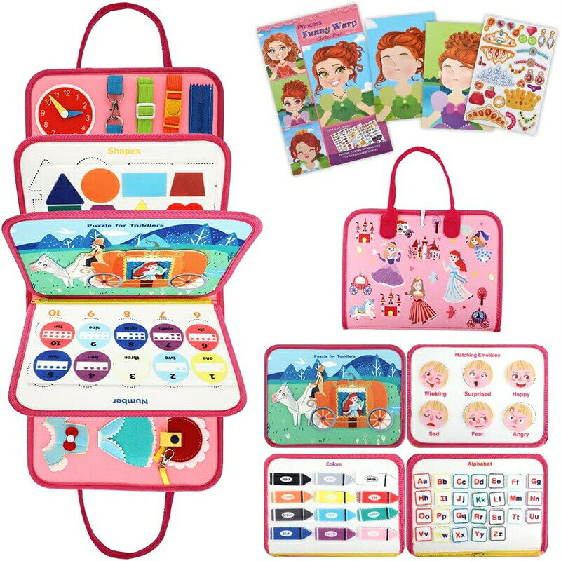 Rakuten - モンテッソーリ おもちゃ バッグ ビジーブック 幼児忙しいボード 姫 かわいいシール 108pcs ステッカー セット付き 男の子 女の子 指先の知育 布おもちゃ 布絵本 紐通し 紐結び ボタン練習 服の着り方 生活習慣育成