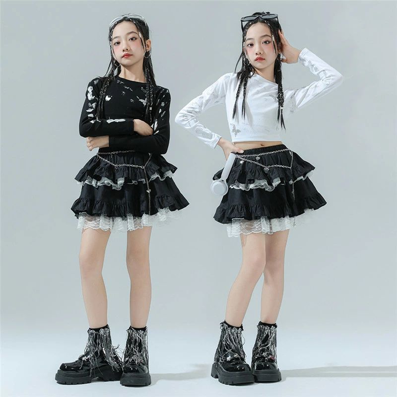 Rakuten - 送料無料 2点セット ガールズ ジャズ ダンス衣装 韓国 - ヒップホップ チアガール タンクトップ トップス スカート jazz セットアップ 女の子 スカートセット 可愛い 舞台 ダンスウェア ヒップホップ 演出服 おしゃれ ステージ