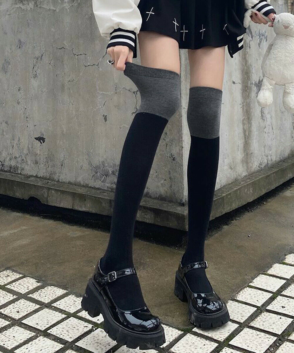 ニーハイソックス バイカラーレッグウェア レディース ツートンカラー ハイソックス ストレッチソックス 冷え取り ルームソックス 伸縮性抜群 レッグ丈ソックス美脚 miniministore 86FEINA-001