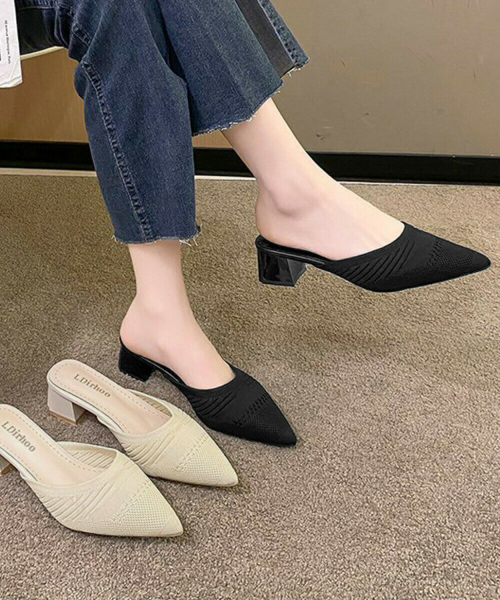 Rakuten - ニットミュールパンプス チャンキーヒール レディース ポインテッドトゥ パンプスサンダル 履きやすい かかとなしパンプス 歩きやすい キレイめ 美脚サンダル韓国風 miniministore 90JIANLONG-004 ランキング受賞