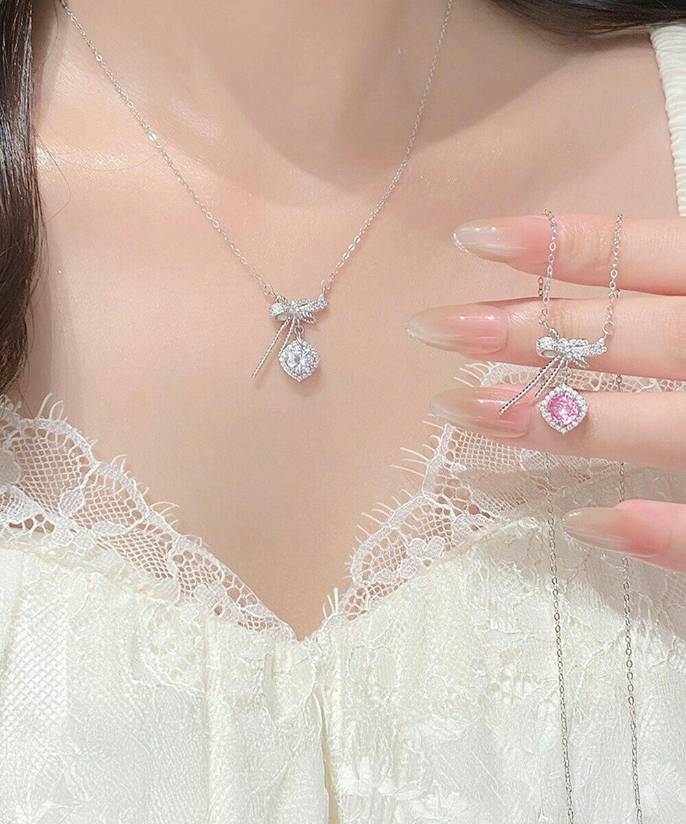 Rakuten - リボンネックレス レディース結婚式韓国風 プチプラアクセサリー ジュエリー 大人可愛い首飾り 細チェーンネックレス きらきら輝くラインストーン パーティー ギフト miniministore 89MIGE-004