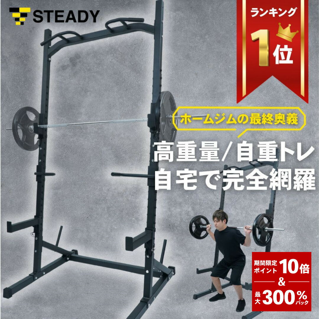 ＼ P10倍&300%Pバック／ハーフラック パワーラック 22段階x5.5cmの高さ調整/13cmのバーベルホルダー/耐荷重350kg 自宅 家トレ トレーニング ベンチプレス スクワット 懸垂 ぶら下がり健康器 高さ調整 ST146 ステディ