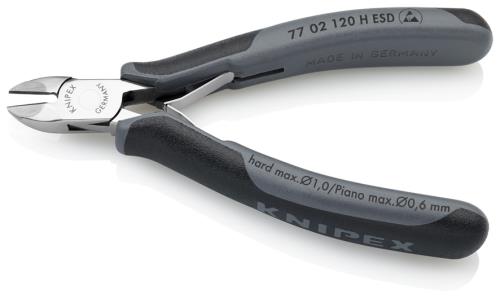 仕様：●メーカー:KNIPEX(クニペックス)●型番:7702120HESD●全長:120mm●ハンドル:コンフォート(ESD)●仕上げ:鏡面磨き●バネ付●切断能力:軟線:φ2.0mm中硬線:φ1.4mm硬線:φ1.0mmφピアノ線:0.6mm商品画像に関する注意事項：●画像に数字等の情報が入っている場合は、　品番末尾が対象商品の画像となります。