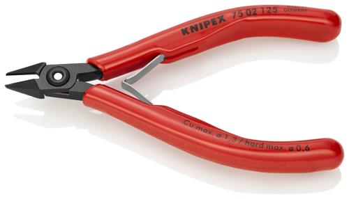 仕様：●メーカー:KNIPEX(クニペックス)●型番:7502125●全長:125mm●ハンドル:プラスチックスリーブ●仕上げ:磨き●切断能力:軟線:φ0.2~1.3mm、中硬線:φ1.0mm、硬線:φ0.6mm、ピアノ線:φ0.4mm●刃硬度:HRC64●材質:特別工具鋼●重量(g):80●テーパー●斜刃●バネ付商品画像に関する注意事項：●画像に数字等の情報が入っている場合は、　品番末尾が対象商品の画像となります。