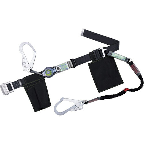 TSUYORON ( 藤井電工 ) 胴ベルト型墜落制止用器具(巻取タイプ)ランヤード2丁掛け仕様 ロック機構付きロックリトラ+伸縮式ノビロン(BK)黒 Mサイズ 幅50MM×長さ1200MM ( TB2LRL593NV5931BLKBKMBP )