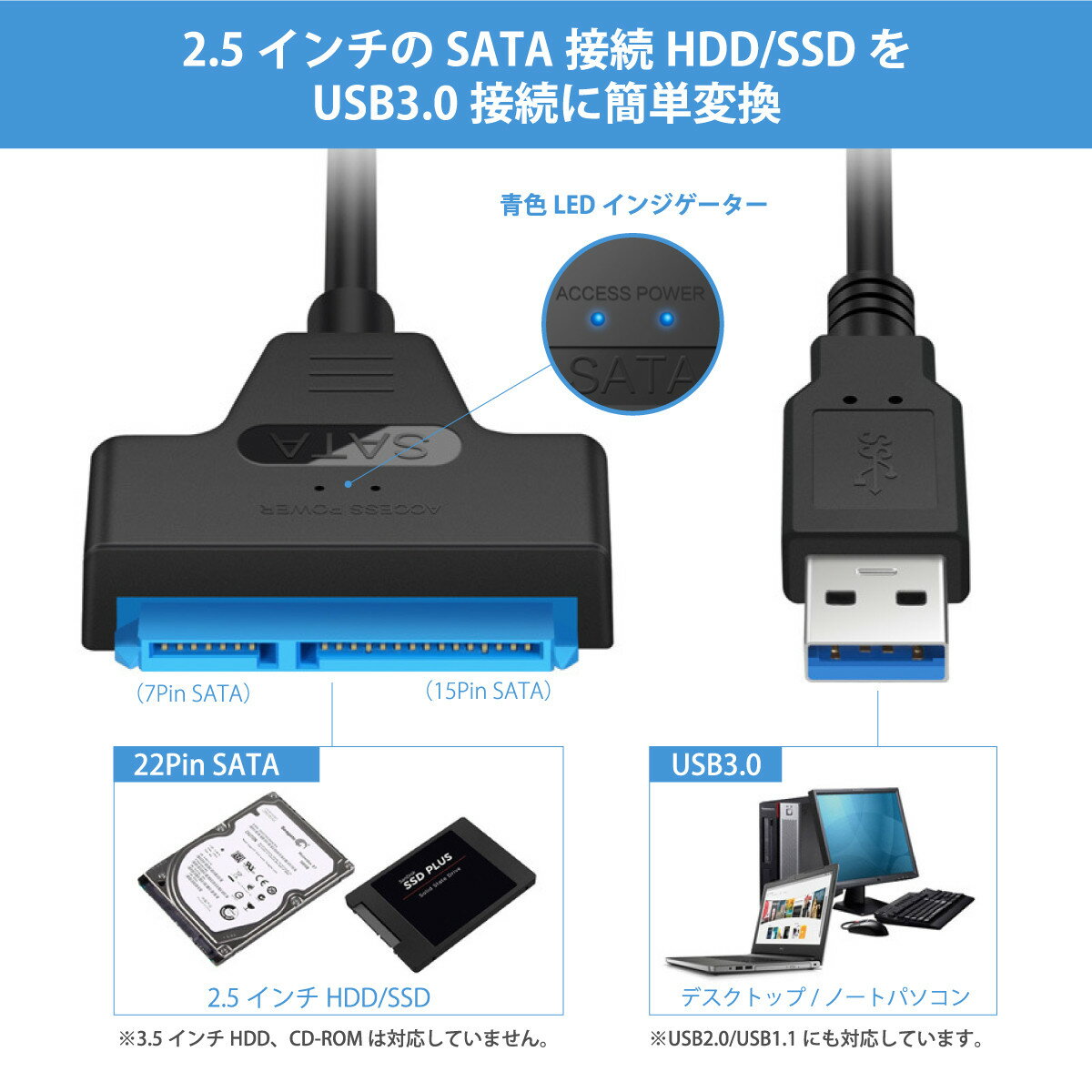 SATA変換ケーブル HDD SSD SATA USB変換アダプター USB3.0 2.5 SATA to USBケーブル SSD換装 ハードディスク インチ アダプター クローン コピー 転送