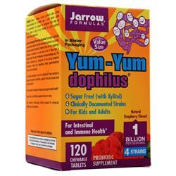 ■ご使用の目安　Chew 2 tablets 30 minutes after a meal or on an empty stomach followed by 1/2glass of water 20 minutes before eating. Recommended for children age 2 and above taken under the supervision of a parent or caregiver. May take up to 4 tablets a day, or as directed by your qualified health care consultant.■英語商品名　Yum-Yum Dophilus Raspberry (Chewable) 120 tabs■メーカー名　JARROW社■内容量　60錠■商品総重量　133.2g■成分内容（2錠中)Probiotic Bacteria 1billion　L. acidophilus　B. bifidum　L. plantarum　B. lactis　Inulin-FOS (FructoOligoSaccharides) 100mg　Other Ingredients: Xylitol、cellulose、stearic acid (vegetable source)、natural raspberry flavor、magnesium stearate (vegetable source)、beet juice powder、silicon dioxide、MogroPure (Lo Han fruit extract、Momordicagrosvenorii) and citric acid. 1) 広告文責　池田昭広　050-3593-7343 2) メーカー名　JARROW 3) 原産国　アメリカ合衆国 14)商品区分　健康食品　