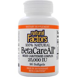 ●ご使用の目安　1 softgel per day or as directed by a health care practitioner.●英語商品名　BetaCareAll Mixed Carotenoid Complex (25000IU) 90 sgels●メーカー名　NATURAL FACTORS社●内容量　90ソフトジェルカプセル●商品総重量　73.7g●成分内容（1カプセル中)Vitamin A (100% (25000IU) as beta carotene) 8330IU 170　100% Natural mixed carotenoids 5780mcg　Tomato extract 5000mcg　Lycopene 300mcg　Alpha carotene 495mcg　Cryptoxanthin 116mcg　Zeaxanthin 99mg　Lutein 74mcg　Other ingredients: softgel capsule (gelatin、glycerin USP、purified water、carob powder)、vegetable oil、soybean oil、soybean lecithin. 1) 広告文責　池田昭広　050-3593-7343 2) メーカー名　NATURAL FACTORS 3) 原産国　アメリカ合衆国 4) 商品区分　健康食品　　