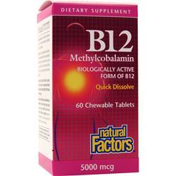 ●ご使用の目安　Dissolve 1 tablet under the tongue per day or as directed by a health professional.●英語商品名　B12 Methylcobalamin (5000mcg) 60 tabs●メーカー名　NATURAL FACTORS社●内容量　60錠●商品総重量　34g●成分内容（1錠中)Vitamin B12 (as methylcobalamin) 5000mcg 83333　Other ingredients: lactose (from milk)、cellulose、croscarmellose sodium、magnesium stearate (vegetable grade).　 1) 広告文責　池田昭広　050-3593-7343 2) メーカー名　NATURAL FACTORS 3) 原産国　アメリカ合衆国 4) 商品区分　健康食品　　