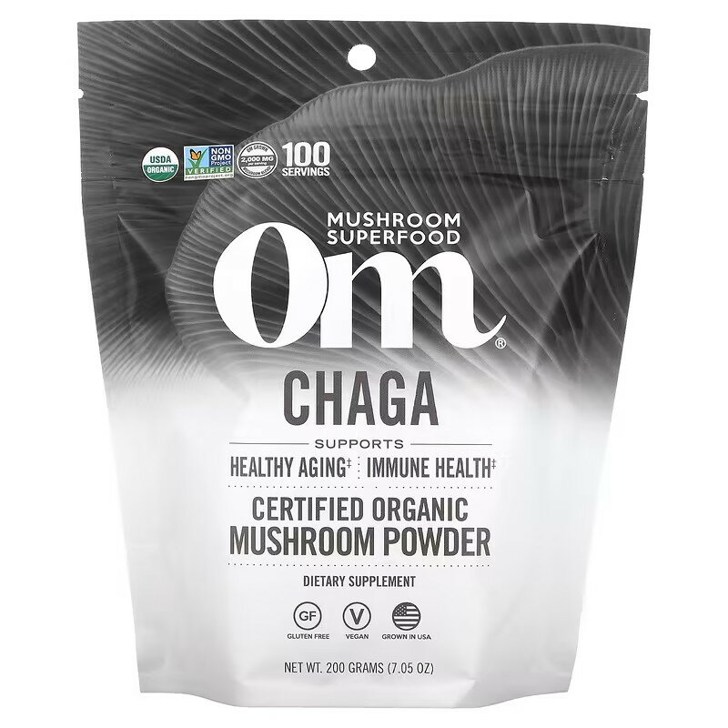 Om Mushrooms　チャーガ、認定オーガニックマッシュルームパウダー、7.05オンス ( 200 g)