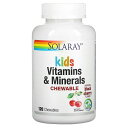 Solaray Children's Vitamins and Minerals は高品質の原料から作られており、子供たちが必要とする必須栄養素を大量に提供します。健康的な食事に加えて、当社の強力なマルチは、お子様の免疫システム、成長、エネルギー、骨、歯、筋肉機能などをサポートすることを目的としています。しかし、優れたマルチとは、何が含まれているかだけでなく、何が含まれていないかも重要です。 Solaray Children's Vitamins and Minerals には人工香料や着色料が含まれておらず、酵母も使用せずに配合されているため、信頼していただけます。おいしい天然のブラックチェリー風味を備えた、便利で飲みやすいチュアブル製品は、お子様の栄養補給が面倒ではなくおやつになるように設計されています。 ●ご使用の目安　 1日2粒のチュアブルを摂取してください。涼しく乾燥した場所に保管。 ●成分内容（2中)カロリー 5 　 総炭水化物 2g 　 糖類 1g未満 　 ビタミンA（パルミチン酸レチノール） 2,750mcg 　 （5,000IUのビタミンAを供給） 　 ビタミンC（アスコルビン酸） 150mg 　 ビタミンD（コレカルシフェロール）（D-3） 10mg 　 （400IUのビタミンDを供給） 　 ビタミンE（d-α-酢酸トコフェロールエステル） 20mg 　 （30IUのビタミンEを供給） 　 チアミン（チアミン一硝酸）（B1） 5mg 　 リボフラビン（ビタミンB2） 5mg 　 ナイアシン（ナイアシンアミド） 16mg 　 ビタミンB6（塩酸ピリドキシン） 6.5mg 　 葉酸 240マイクログラム 　 ビタミンB12（シアノコバラミン） 10mcg 　 ビオチン 100mcg 　 パントテン酸（D-パントテン酸カルシウム） 16mg 　 カルシウム（カキ殻由来） 30mg 　 鉄（フマル酸第一鉄） 12mg 　 ヨウ素（コンブ由来） 100mcg 　 マグネシウム（酸化Mg） 15mg 　 亜鉛（グルコン酸亜鉛） 2mg 　 マンガン（グルコン酸マンガン） 2mg 　 カリウム（クエン酸カリウム） 4mg 　 イノシトール 2mg 　 バイオフラボノイド濃縮物（柑橘類由来） 15mg 　 PABA（パラアミノ安息香酸） 50mcg 　 コリン（酒石酸水素コリン） 2mg 　 　　 1) 広告文責　池田昭広　050-3593-7343 2) メーカー名　SOLARAY 3) 原産国　アメリカ合衆国 4) 商品区分　健康食品　