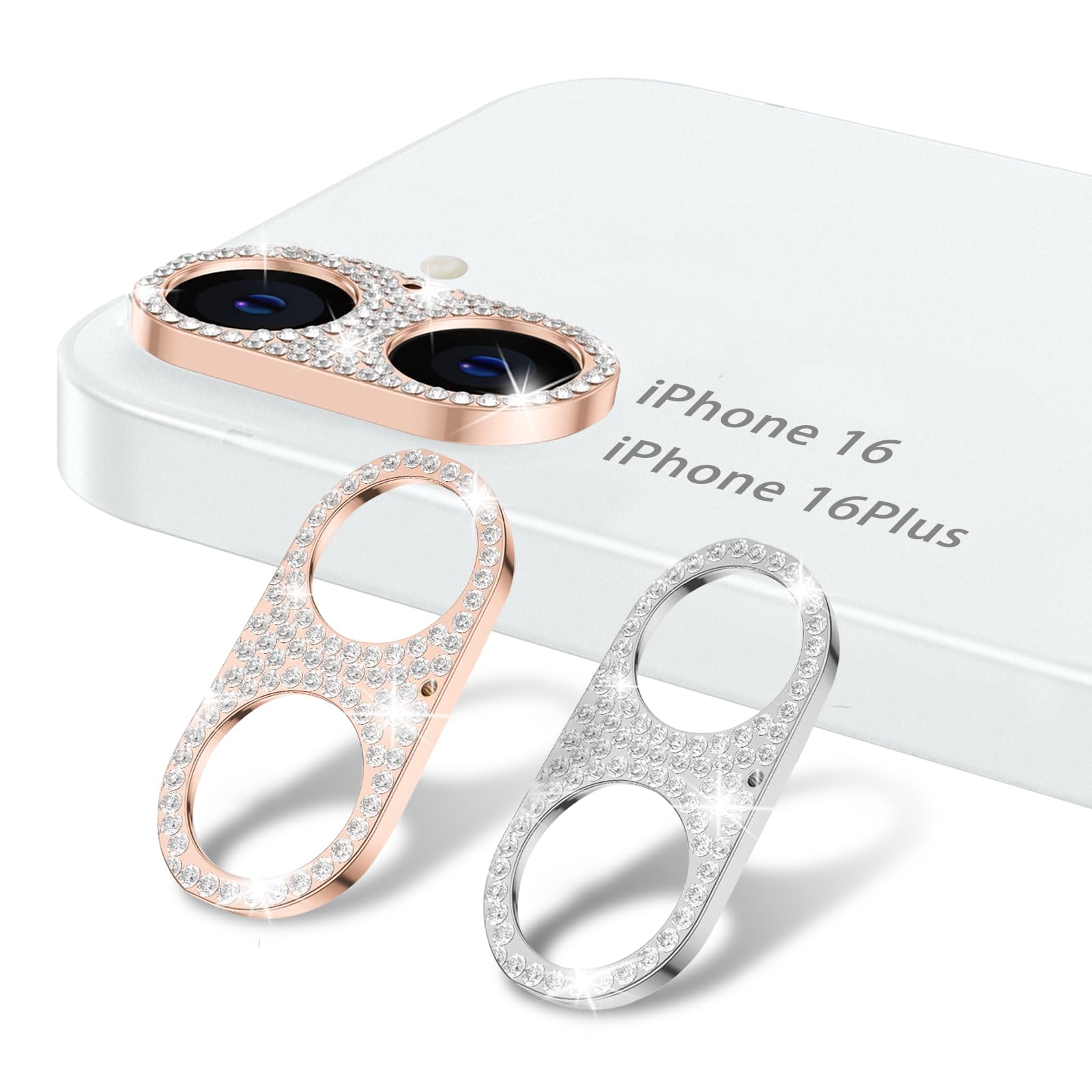 MosFoil iPhone 16 / iPhone 16 Plus 対応 カメラフィルム レンズカバー フィルム レンズ ラインストーン レンズ キラキラ シルバー＆ローズピンク 保護カバー キズ防止 可愛い 3Dデコレ