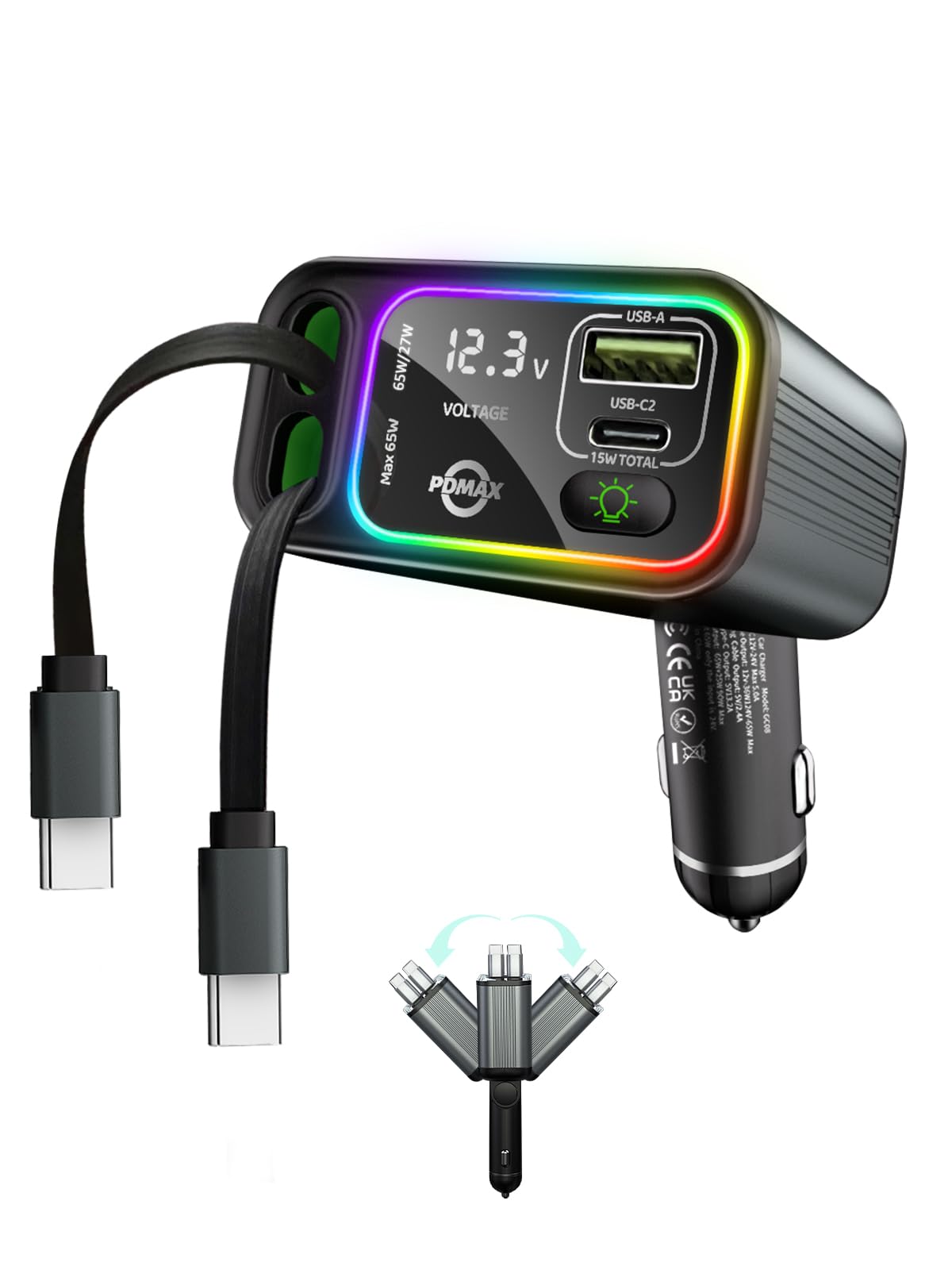 PDMAX 145W 車載充電器 4 in 1 シガーソケット USB 巻き取り式充電ケーブル 車カーチャージャー、4台同時に充電 USBケーブル2本付き(Type-C)＆LED、USBポート2つ搭載 - iPhone16/15/Pro/Plus、Sharp Aquos R9 /Wish