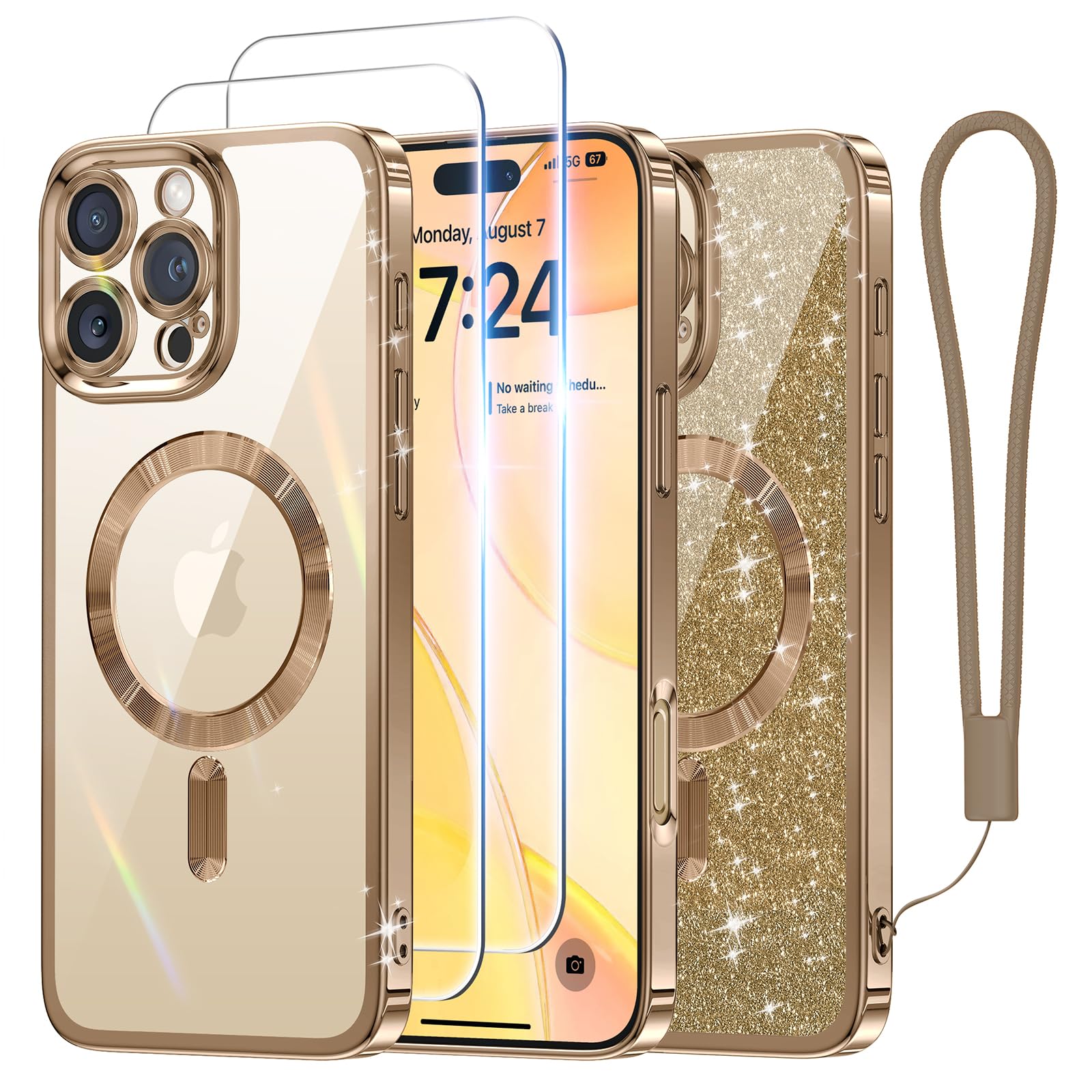 Meifigno ケース iPhone 16 Pro Max 6.9インチ用 [MagSafe対応] [スクリーンプロテクター2枚] [グリッターカード&リストストラップ] サラウンドレンズ保護 iPhone 16 Pro Maxケース用 デザートチタニウム