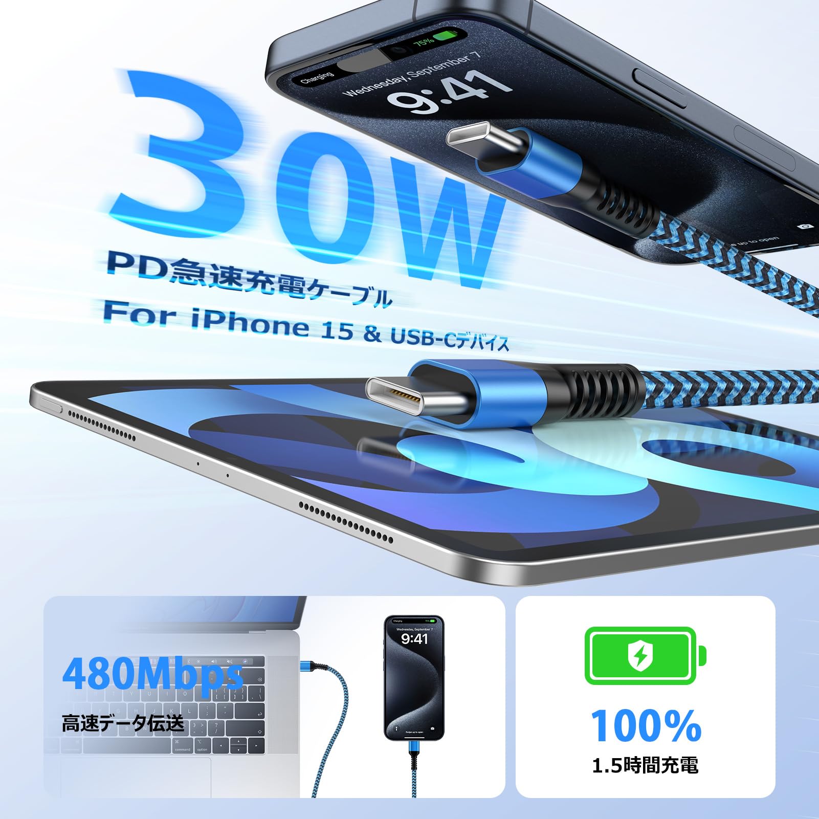 タイプCケーブル iPhone16充電 短い 0.3m pd対応 30W 急速充電 USB C ケーブル C to C データ転送 耐久ナイロン Type-C充電ケーブル iPhone16/15シリーズ、iPad Pro/Air、Galaxy S24、AQUOS sense8、OPPO、Xiaomi、Motorola