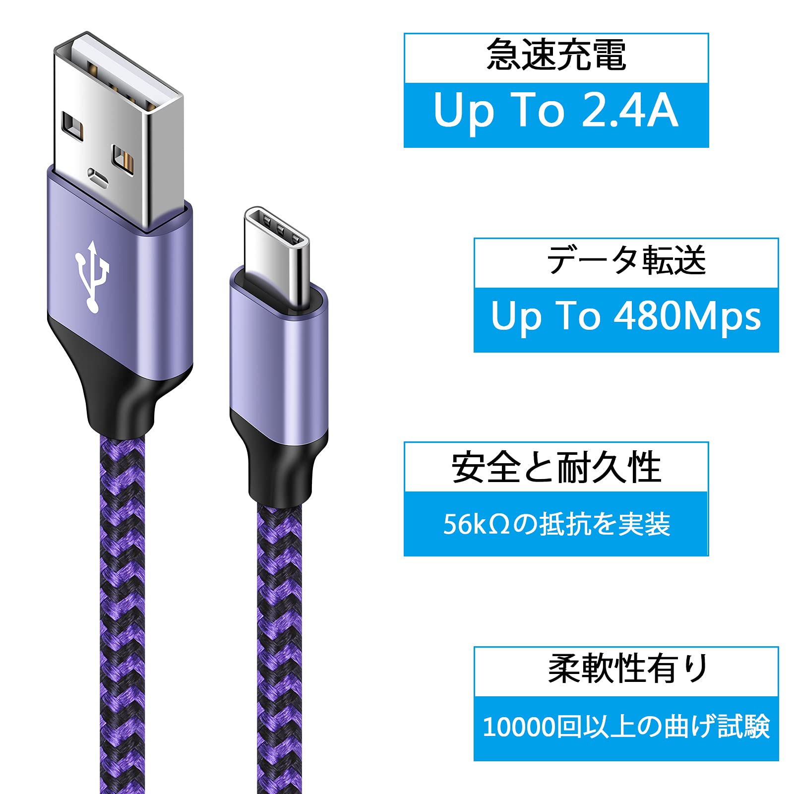 USB Type C ケーブル 【0.91m 4本*4色】 iPhone 16充電ケーブル 3A急速充電 QC3.0対応 タイプc充電ケーブル 高耐久 ナイロン iPhone 16 15 15Plus 15Pro 15Pro Max,Xperia XZ XZ2 XZ3, Galaxy A20 A21 S10 S10+などのType -C機器