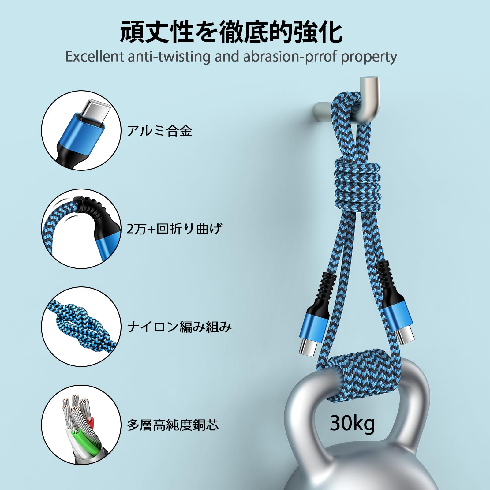 Ocbuo USB Type C 充電ケーブル PD対応 20W 急速充電 iphone16 タイプC ケーブル 短い30cm+長い1.8m USB C-USB Cケーブル 高耐久ナイロン Android Type-cケーブル アイフォン16/iPhone 16/15、MacBook Pro、iPad、Xperia、Sa