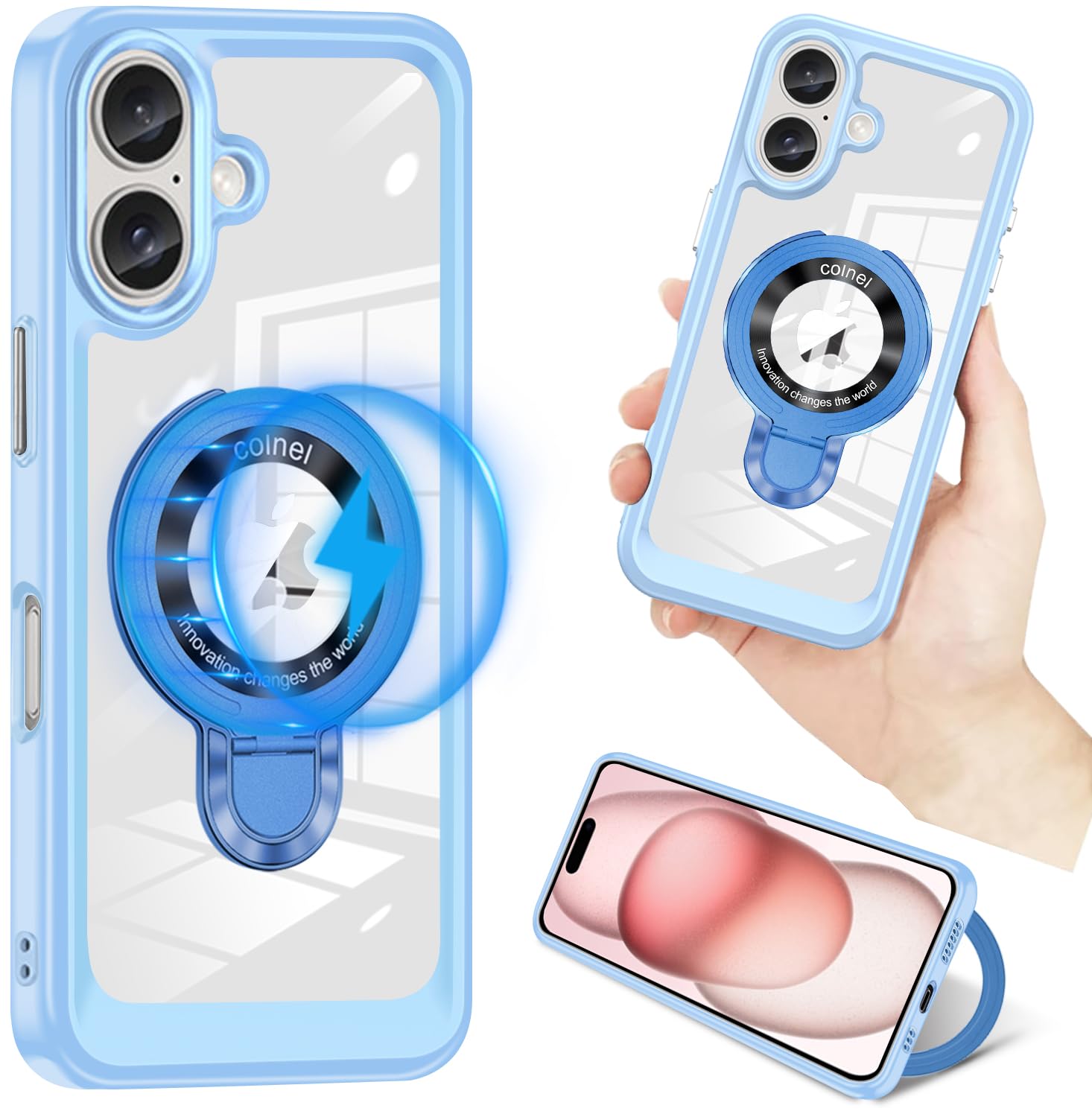 iPhone 16 ケース クリア MagSafe対応 丸型スタンド付き マグネット搭載 アイフォン16 ケース 多機能Magsafeスタンド 縦横両対応 tpu pc 二重構造 耐衝撃 メッキ加工 ワイヤレス充電 車載ホルダー 対