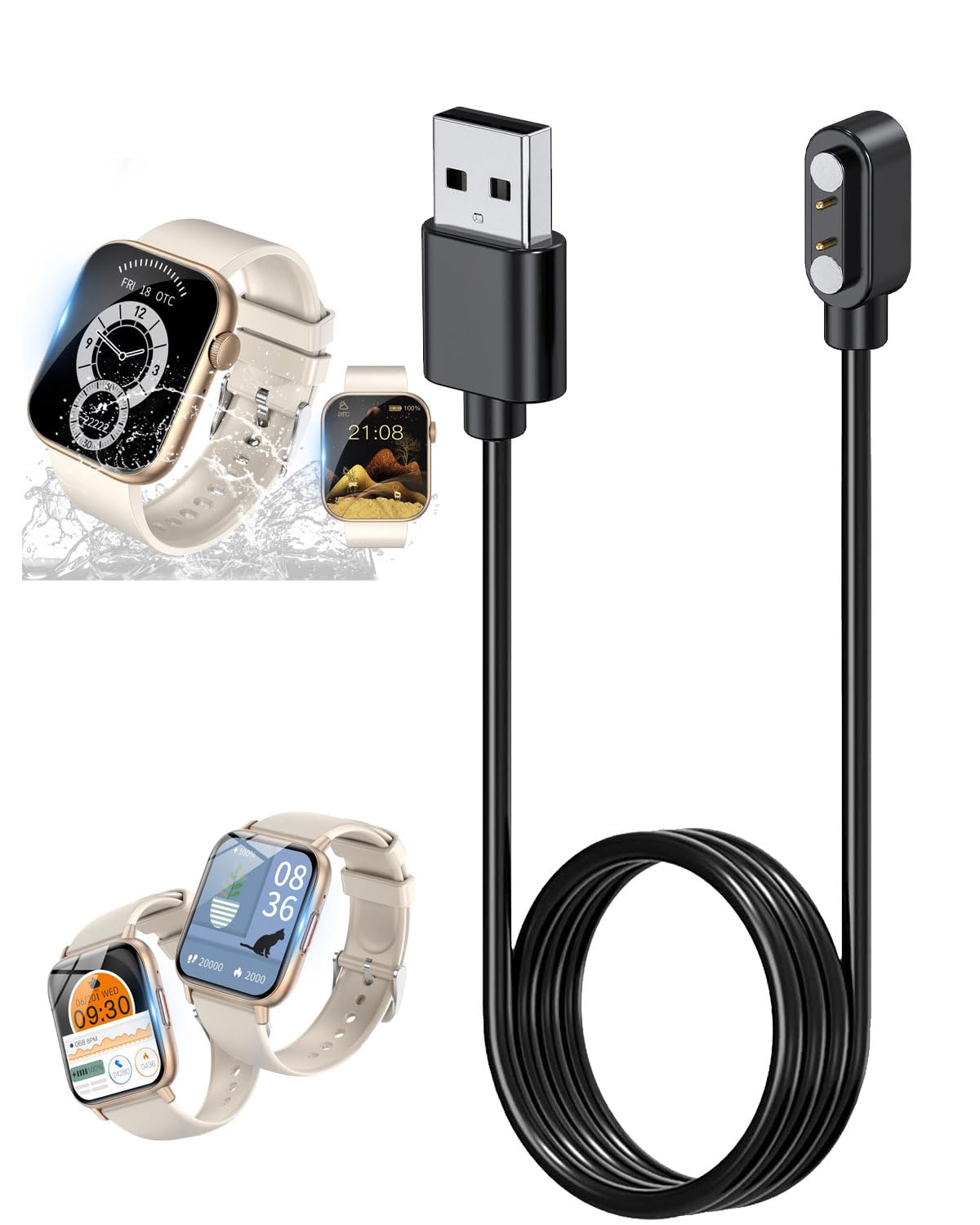 Newluck スマートウォッチ 充電ケーブル 充電器 USB充電 汎用マグネット充電コード YAJOJO 磁気吸着 急速充電 高耐久 便利性 低発熱 軽量 小さい 持ち運びやすい チャージャー 旅行用【1本セット