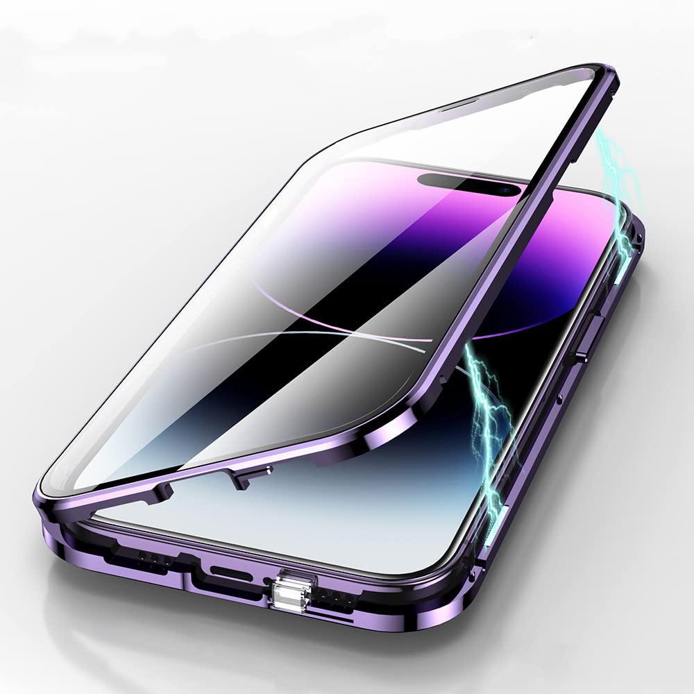 樂天商城 - ロック付き iPhone14 Pro Max ケース 前面カバー カメラ保護 ガラスフィルム付き マグネット式 アイフォン14 Pro Max 両面ケース 360 ガラスケース アルミ バンパー 透明 クリア,深紫