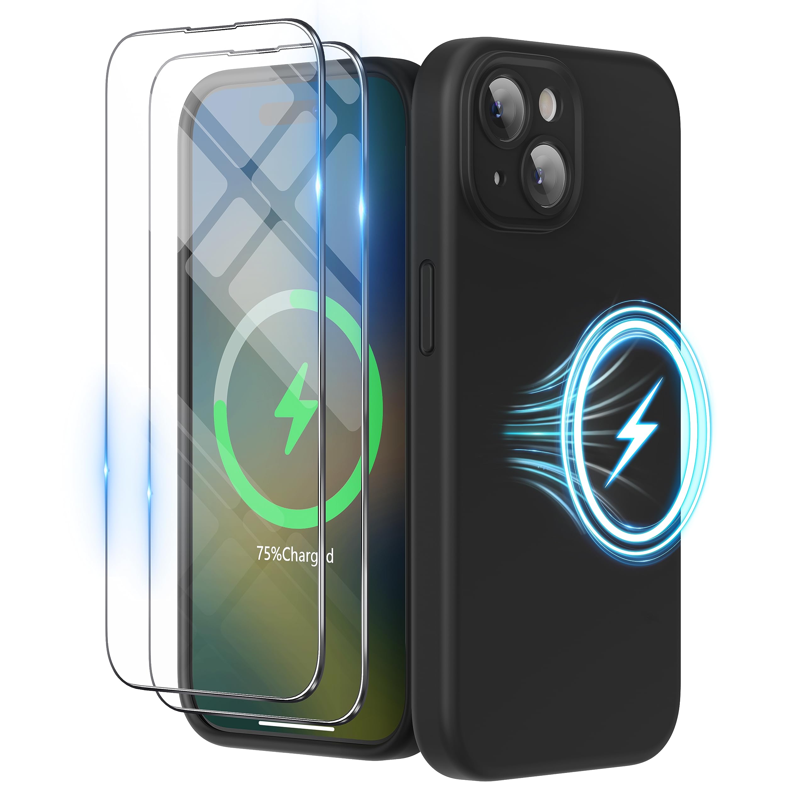 SURPHY iPhone15 plus用ケース MagSafe対応，フィルム付き 6.7インチ対応(2023) iPhone15 プラスシリコンケース(カメラの全面保護) マグネット搭載 iPhone15 plus用ソフトカバー (ブラック)