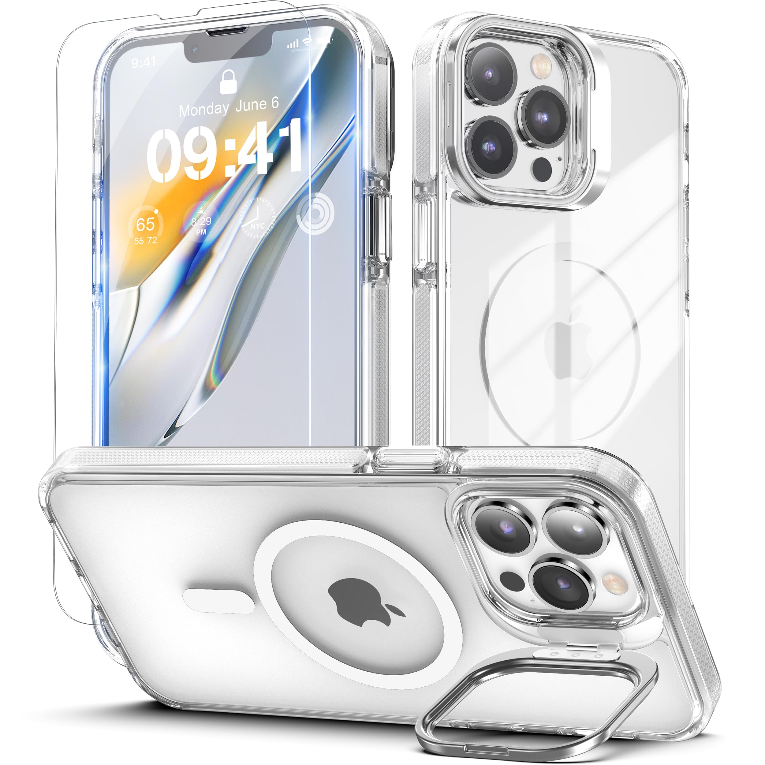 RFUNGUANGO iPhone 13 Pro Max ケース、MagSafe 対応、ミリタリーグレード保護ケース、レンズホルダー内蔵、HD 防爆レンズ、HD スクリーン強化フィルム*2 - ホワイト