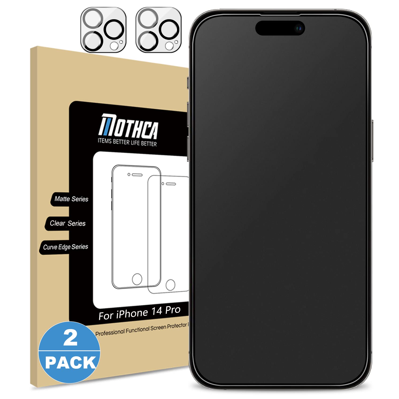 Mothca アンチグレア iPhone 14 Pro ガラスフィルム (2枚)＋iPhone 14 Pro カメラフィルム(2枚) ガラスフィルム アイフォン14 Pro用 液晶保護フィルム Dynamic Island対応 ゲームフィルム サラサラタッチ感