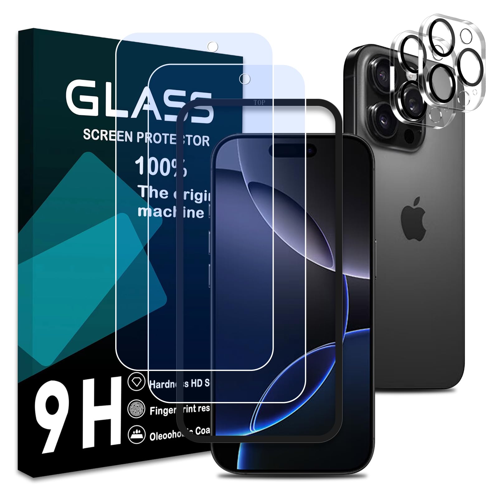 対応 iPhone16 Pro ガラスフィルム ブルーライトカット 【ガイド枠付き】 【2+2枚セット- 国産旭硝子素材】 iPhone16 pro フィルム ブルーライト(2枚) + レンズ保護フィルム (2枚) アイホン 16 プロ 強