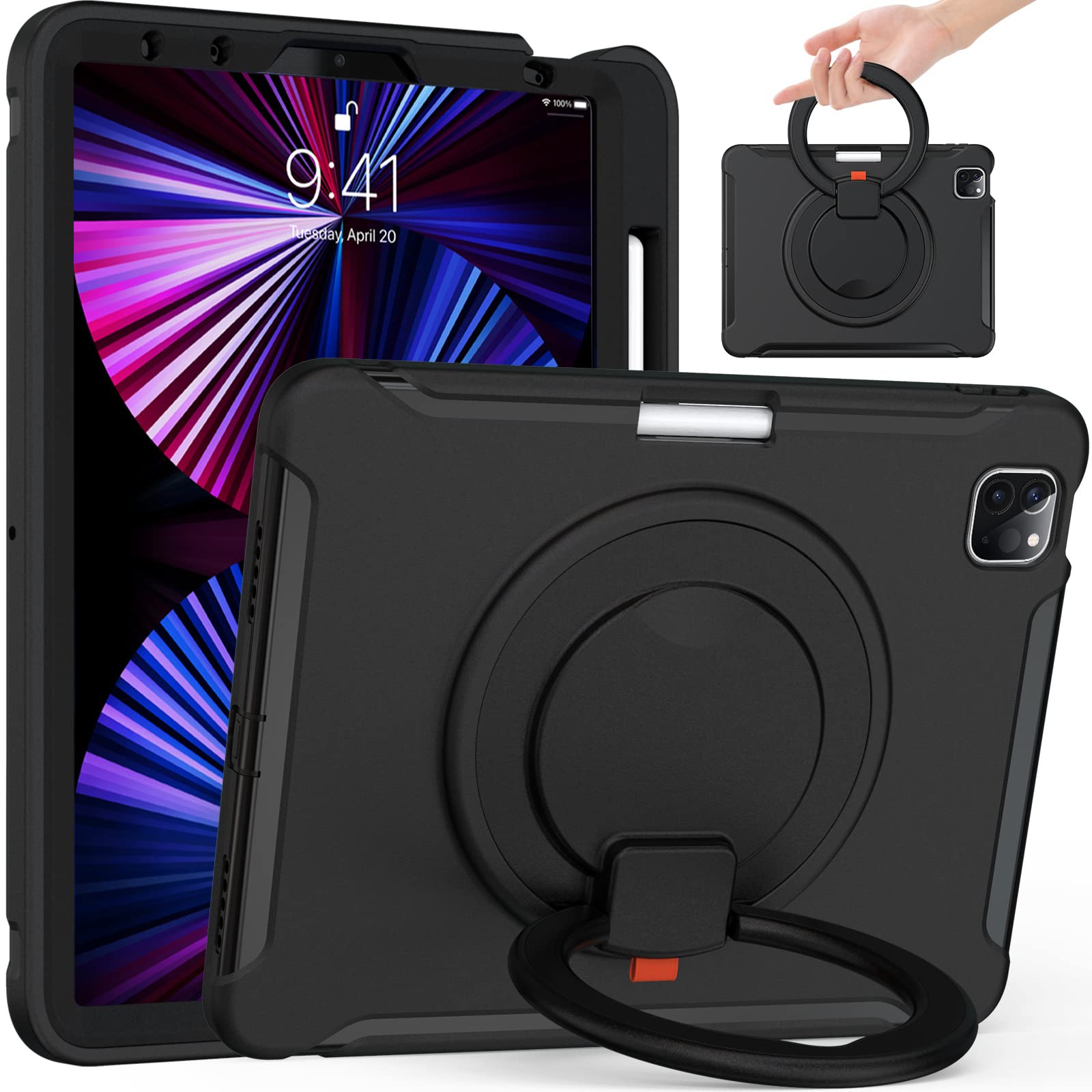 iPad Pro 11 ケース 2022/2021/2020/2018モデル iPad Pro 11 第4/3/2/1世代 ケースリング付き 衝撃吸収 軽い 頑丈 360度回転スタンド iPad Air 5/iPad Air4 10.9インチ 第5世代/第4世代 ケース 持ち手付き カバー 落
