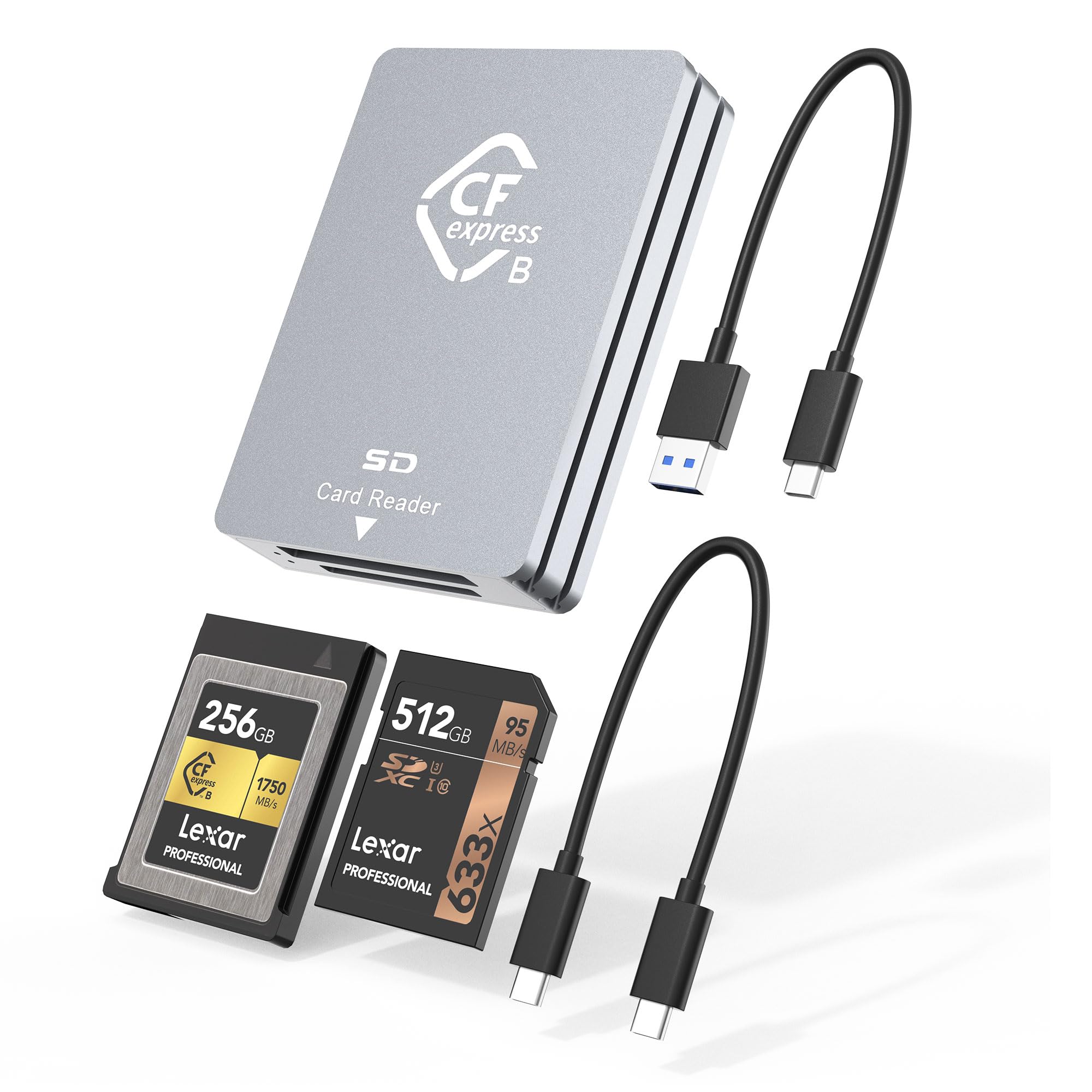 CFexpress Type B SD カードリーダー USB C、デュアルスロットUSB 3.2 10Gbps CFexpress Type Bカードリーダー Android/Windows/Mac OS/Linux対応、USB C - USB/USB Aケーブル付き アルミニウム製