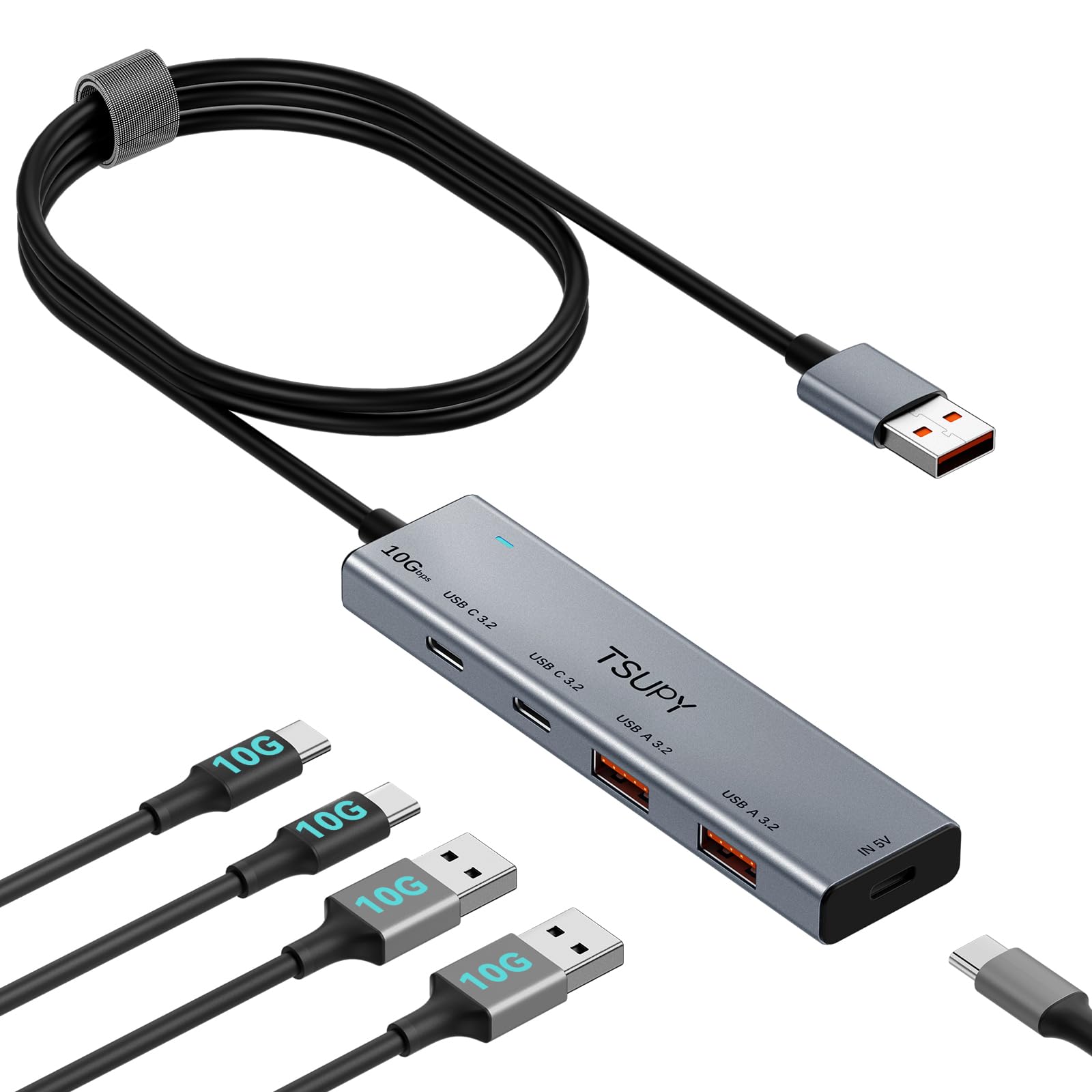 10Gbps USBハブ 3.2 5ポート[ 2A2C], TSUPY USB 3.2 Gen 2 ハブ 120cm延長ケーブル USB-A 3.2*2+ USB-C3.2*2 ポート拡張 アルミ製 usb増設 セルフパワーとバスパワー両用 スリム コンパクト Windows/Mac/ChromeBook/iPad Pro/