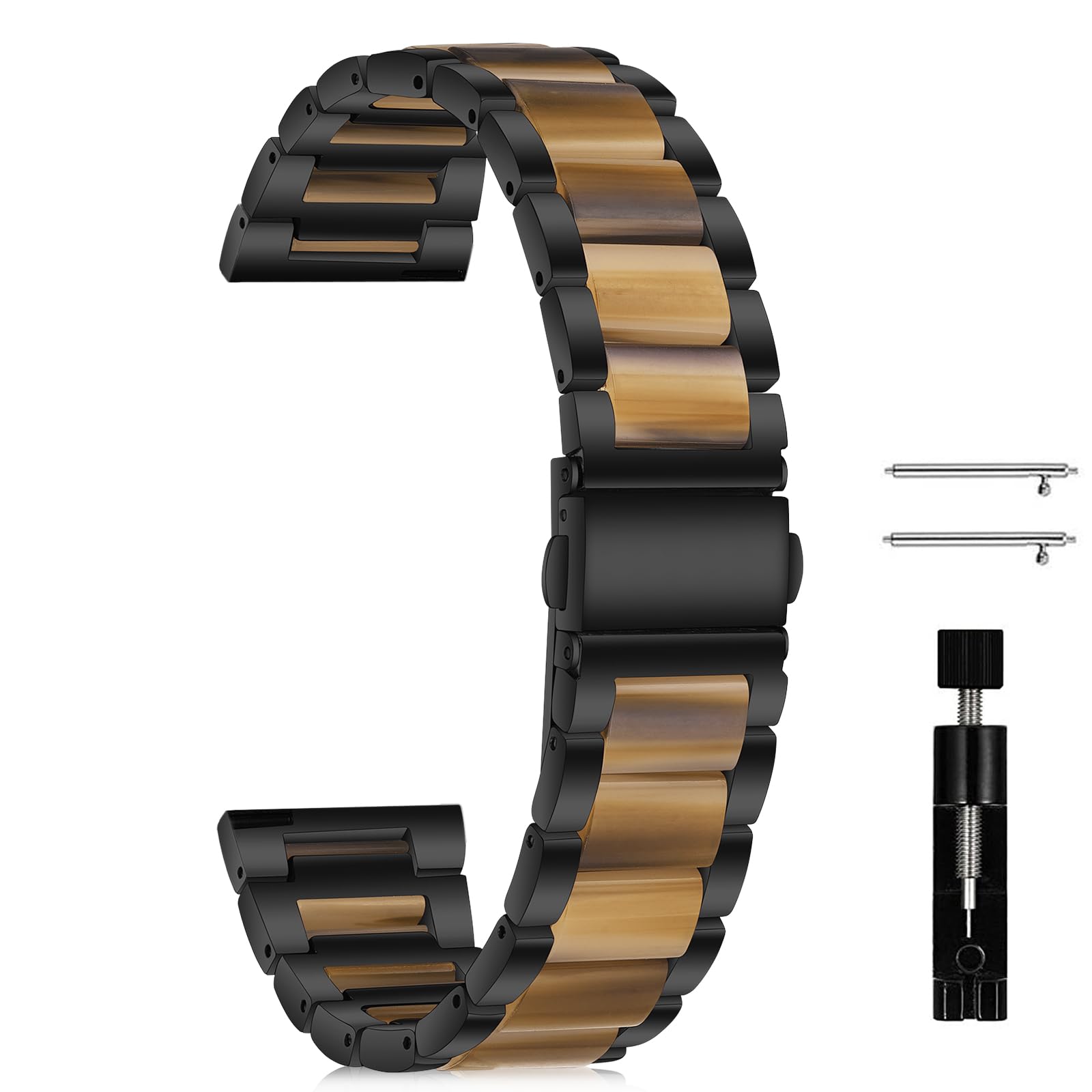  20mm 金属バンド Garmin Forerunner 570(42mm)/Approach S44/S50 対応 Garmin Vivoactive 6/5/Forerunner 165/165 Music 用 長さ調節 樹脂交換ベルト 耐久性 - ブラック/ハニー