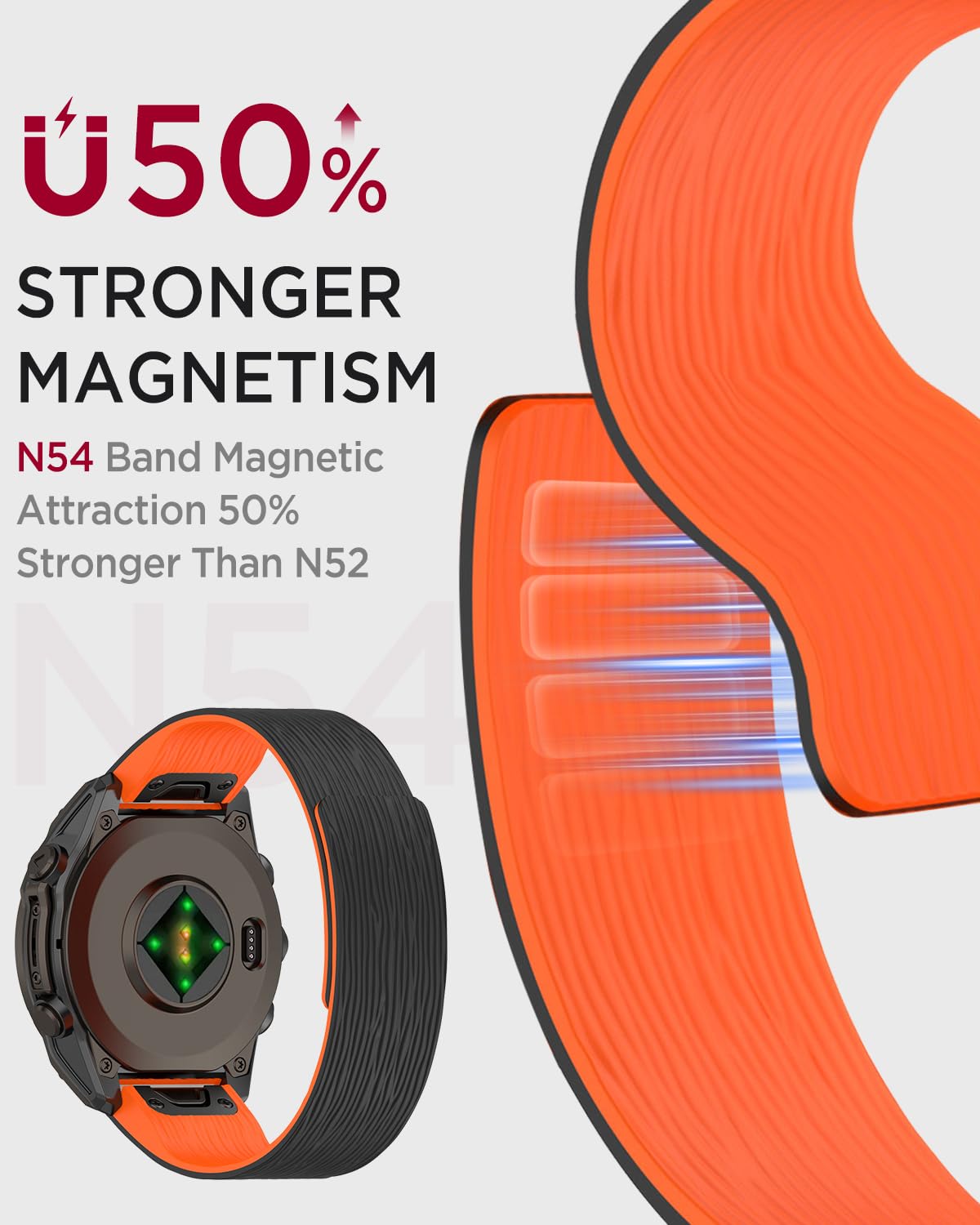 Bandas de 26 mm Garmin Fenix/Quatix/Tactix/EPIX/Instinct/Enduro Compatible Cinturón de silicona magnético suave, resistente al agua, ligero, ultra delgado, para deportes, Garmin Descent/COROS VERTIX2 Naranja negra — vista 3