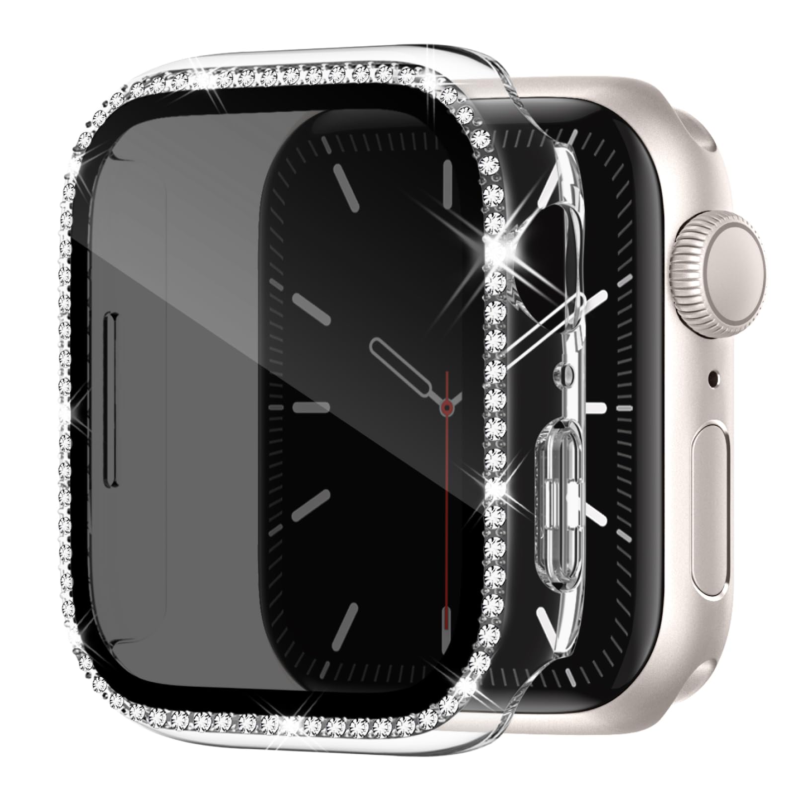 【覗き見防止】Knossen コンパチブル Apple Watch ケース 45mm キラキラ アップルウォッチ カバー 覗き見防止 Apple Watch カバー シングルダイヤモンド ガラスフィルム付き 光沢感 オシャレ レディー