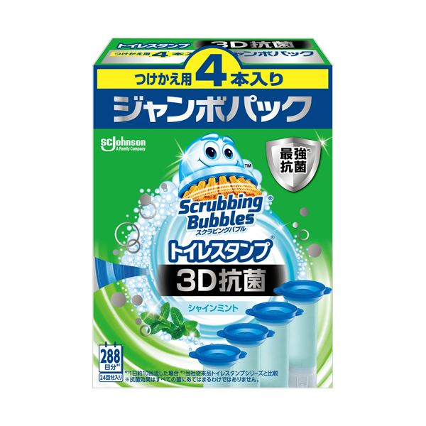 ■サイズ・色違い・関連商品■本体 5個■付替用ジャンボパック 20個（4個×5セット）[当ページ]■商品内容【ご注意事項】この商品は下記内容×5セットでお届けします。●便器に直接貼り付けるタイプだから、どんなタイプの洋式トイレにも使えます。シャインミントの香り、付替用ジャンボパック。■商品スペックタイプ：付替香り：シャインミントその他仕様：●1本6回分シリーズ名：スクラビングバブル【商品のリニューアルについて】メーカー都合により、予告なくパッケージデザインおよび仕様（香り等）が変わる場合がございます。予めご了承ください。■送料・配送についての注意事項●本商品の出荷目安は【1 - 5営業日　※土日・祝除く】となります。●お取り寄せ商品のため、稀にご注文入れ違い等により欠品・遅延となる場合がございます。●本商品は仕入元より配送となるため、沖縄・離島への配送はできません。[ JS014701 ]