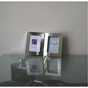 【時計付フォトフレーム】鏡のような光沢感　高級感あるフォトフレーム　■シルバーWフォトフレーム時計付(L版)