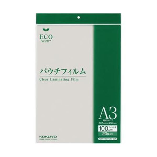 ■商品内容【ご注意事項】この商品は下記内容×5セットでお届けします。●A3サイズ用、100μ、20枚入りです。●美しい仕上がり。透明度が高く、加工物を美しく見せると同時にしっかり保護します●高い作業性。加工物をスムーズにフィルムに挟むことができ、作業を効率化します●再生PETを使用しています■商品スペックサイズ：A3寸法：W307×H430mmフィルムタイプ：パウチフィルムフィルム厚：100μm【キャンセル・返品について】商品注文後のキャンセル、返品はお断りさせて頂いております。予めご了承下さい。■送料・配送についての注意事項●本商品の出荷目安は【5 - 11営業日　※土日・祝除く】となります。●お取り寄せ商品のため、稀にご注文入れ違い等により欠品・遅延となる場合がございます。●本商品は同梱区分【TS1】です。同梱区分が【TS1】と記載されていない他商品と同時に購入された場合、梱包や配送が分かれます。●本商品は仕入元より配送となるため、沖縄・離島への配送はできません。[ KLM-F307430-20N ]