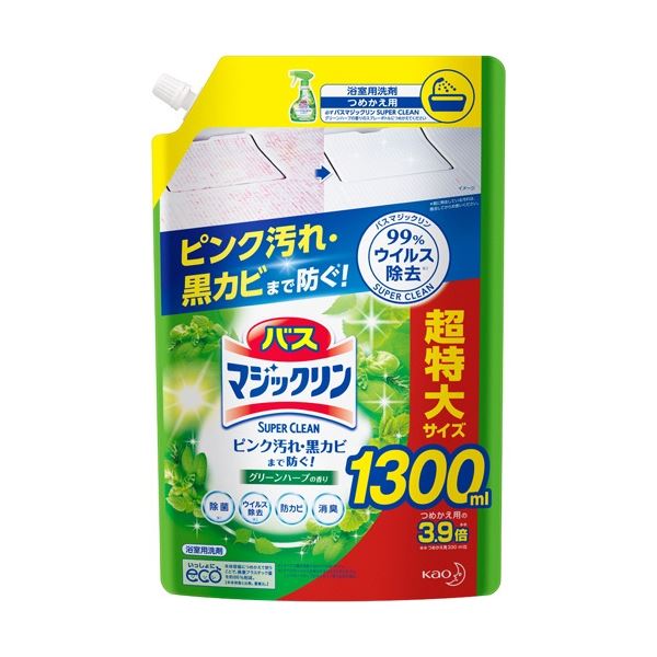 (まとめ) 花王 バスマジックリン 泡立ちスプレー SUPER CLEAN グリーンハーブの香り つめかえ用 1300ml 1個 【×5セット】