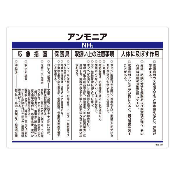 ■サイズ・色違い・関連商品関連商品の検索結果一覧はこちら■商品内容労働安全衛生法 （法令等の周知）第101条 2. 事業者は、第57条の2第1項又は第2項の規定により通知された事項を、化学物質、化学物質を含有する製剤その他の物で当該通知された事項に係わるものを取り扱う各作業場の見やすい場所に常時掲示し、又は備え付けることその他の厚生労働省令で定める方法により、当該物を扱う労働者に周知させなければならない。労働安全衛生規則 （法令等の周知の方法）第98条の2 2. 法第101条第2項の厚生労働省令で定める方法は、次に揚げる方法とする。1. 通知された事項に係る物を取り扱う各作業場の見やすい場所に常時掲示し、又は備え付けること。2.書面を、通知された事項に係る物を取り扱う労働者に交付すること。3. 磁気テープ、磁気ディスクその他これらに準ずる物に記録し、かつ、通知された事項に係る物を取り扱う各作業場に当該物を取り扱う労働者が当該記録の内容を常時確認できる機器を設置すること。有害性等の情報の通知が義務づけられた化学物質、約640種類の中から、抜粋して掲載致しました。■商品スペック■サイズ／450×600×1mm■材 質／硬質エンビ■仕 様／表印刷・両面シートテープ6枚付■送料・配送についての注意事項●本商品の出荷目安は【3 - 6営業日　※土日・祝除く】となります。●お取り寄せ商品のため、稀にご注文入れ違い等により欠品・遅延となる場合がございます。●本商品は同梱区分【TS2066】です。同梱区分が【TS2066】と記載されていない他商品と同時に購入された場合、梱包や配送が分かれます。●本商品は仕入元より配送となるため、北海道・沖縄・離島への配送はできません。