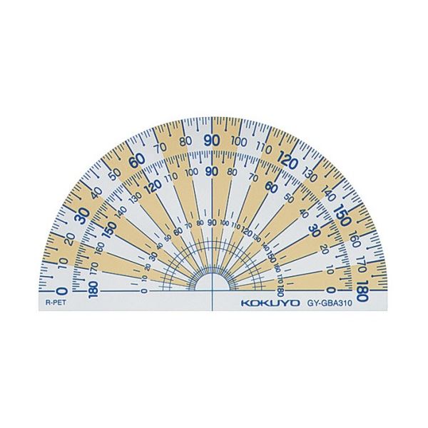 ■商品内容【ご注意事項】この商品は下記内容×5セットでお届けします。【商品説明】●測りやすい目盛の分度器、10個セットです。●2・3・7・8度の目盛りを1・4・6・9度の目盛りよりも長くすることで、見やすくしました。●30度ごとに数字を大きくして読みやすくしました。●10度ごとに放射状に色を変えることで、角度を測りやすくしました。●左右どちらからでも角度を測れるように、両方から目盛りを付けました。■商品スペック種類：半円分度器分度器サイズ：90×50mm厚さ：1mm材質：R-PET重量：5g色：オレンジ【キャンセル・返品について】商品注文後のキャンセル、返品はお断りさせて頂いております。予めご了承下さい。■送料・配送についての注意事項●本商品の出荷目安は【5 - 11営業日　※土日・祝除く】となります。●お取り寄せ商品のため、稀にご注文入れ違い等により欠品・遅延となる場合がございます。●本商品は同梱区分【TS1】です。同梱区分が【TS1】と記載されていない他商品と同時に購入された場合、梱包や配送が分かれます。●本商品は仕入元より配送となるため、沖縄・離島への配送はできません。[ GY-GBA310 ]