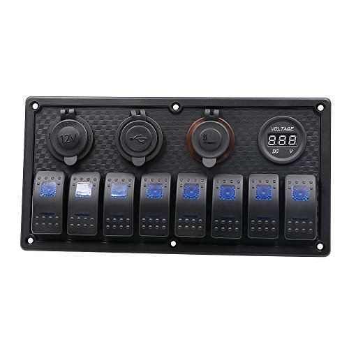 BlueFire ヒューズ式 8連防水スイッチパネル ロッカースイッチ 12Vデジタル電圧計&シガーソケット付 漁船/RV/車/ボート/マリンに対応 ブランクスイッチ