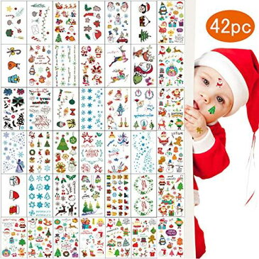 LUCKYBEE タトゥーシール クリスマス 42枚セット 子供 ステッカー 大人 フェイスシール 防水 かわいい コスチューム用小物 プレゼント コスプレ 誕生日 結婚 仮装 取り付け便利