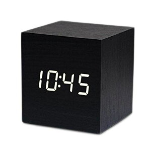 BigFox LED 目覚まし時計 デジタル 多機能置き時計 木目調 三段階輝度調節 アラーム カレンダー付き 温度表示 音声感知 ナチュラル風 おしゃれ 省エネ USB充電 キューブ型 (黒・白字)